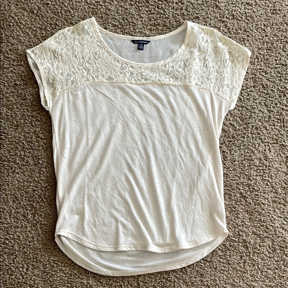 American Eagle Outfitters Cream Cap Sleeve Relaxed Tee